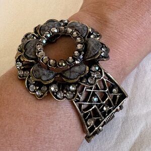 Vintage Smoky Gray Marcasite Rhinestones Flower Brass Metal Hinge Chunky